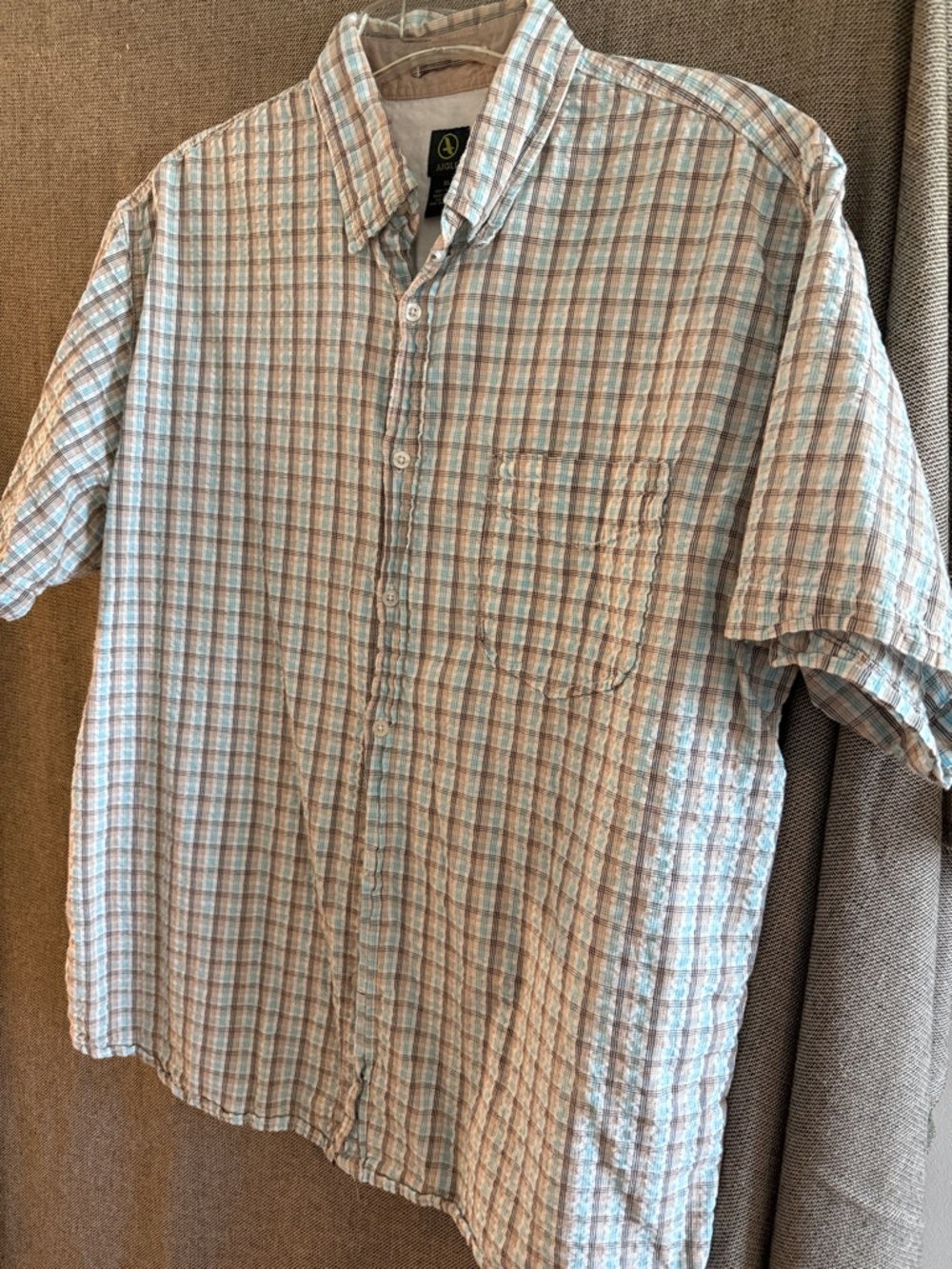 Aigle Short-Sleeve Plaid Button-Down Shirt in Light Blue and Tan